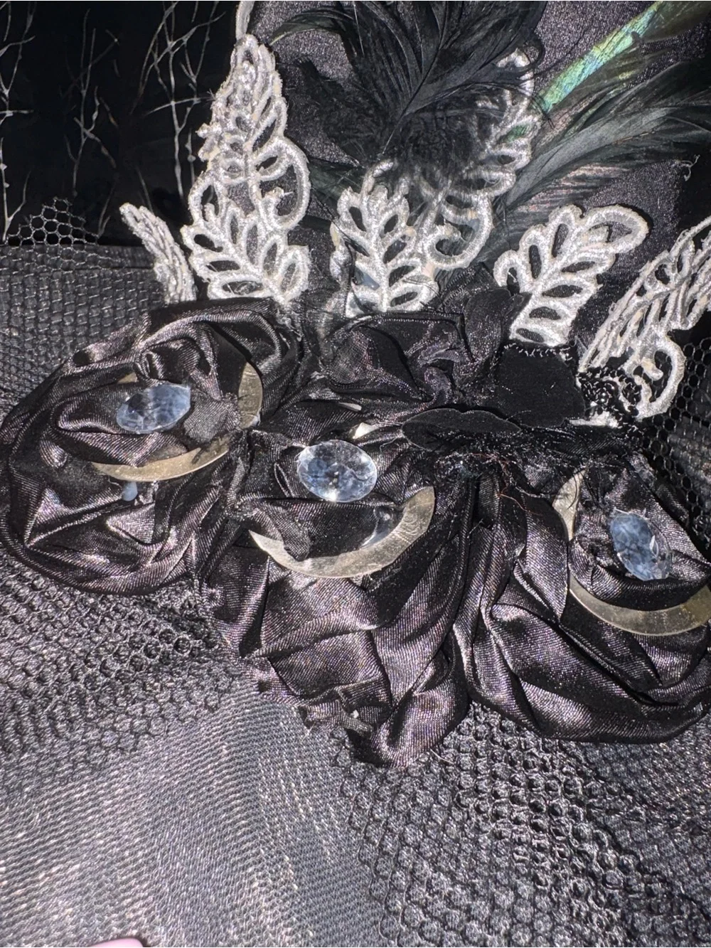 Elegant Black Witch Hat with Veil and Floral Accents unique embellishments